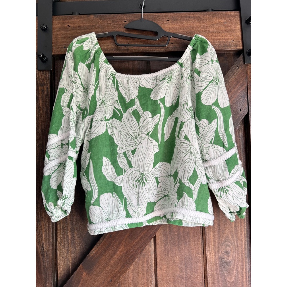 Tahari Womens Green Floral 100% Linen Cropped Blouse Trim Balloon Sleeve Small - Picture 7 of 9